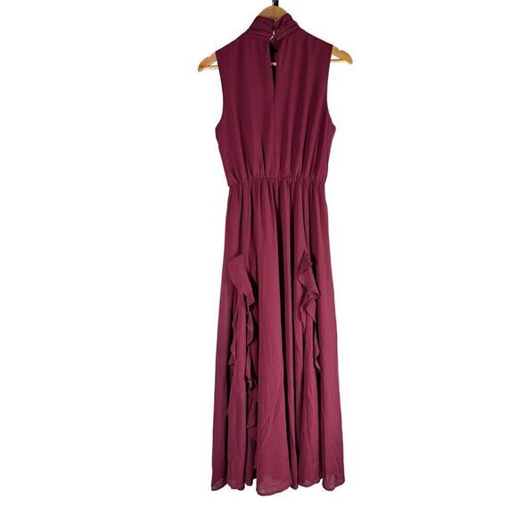 Melloday Mock Neck Ruffle Formal Party Maxi Dress Burgundy Size Small - Picture 3 of 10